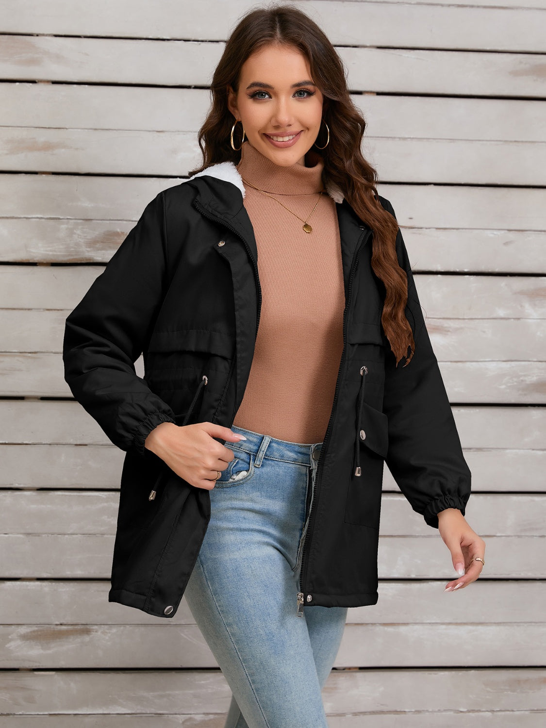 Drawstring Long Sleeve Hooded Jacket